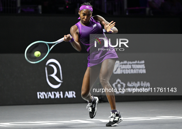 RIYADH, SAUDI ARABIA - NOVEMBER 09: Coco Gauff of USA during the Final match against Quinwen Zheng of China on Day 8 of the 2024 WTA Finals,...