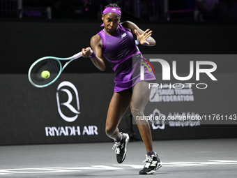 RIYADH, SAUDI ARABIA - NOVEMBER 09: Coco Gauff of USA during the Final match against Quinwen Zheng of China on Day 8 of the 2024 WTA Finals,...