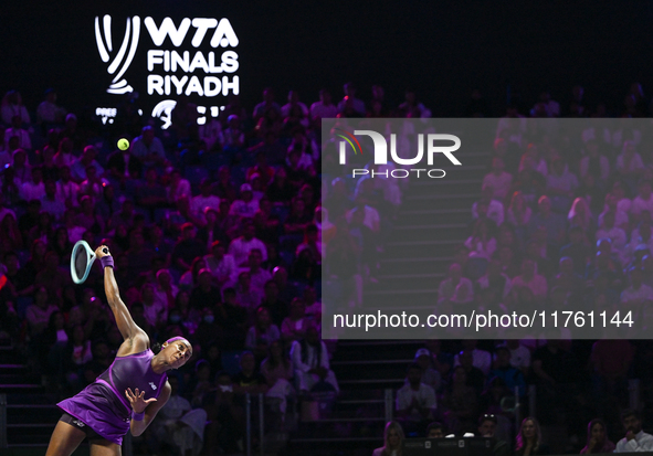 RIYADH, SAUDI ARABIA - NOVEMBER 09: Coco Gauff of USA during the Final match against Quinwen Zheng of China on Day 8 of the 2024 WTA Finals,...