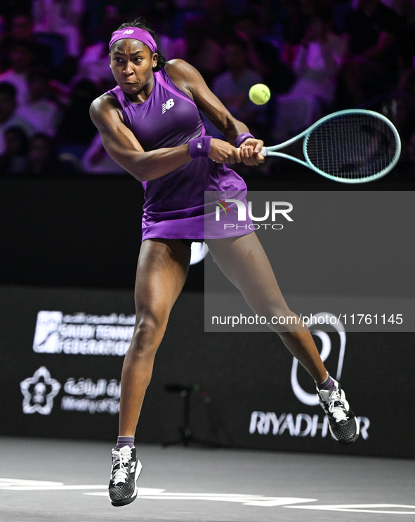 RIYADH, SAUDI ARABIA - NOVEMBER 09: Coco Gauff of USA during the Final match against Quinwen Zheng of China on Day 8 of the 2024 WTA Finals,...