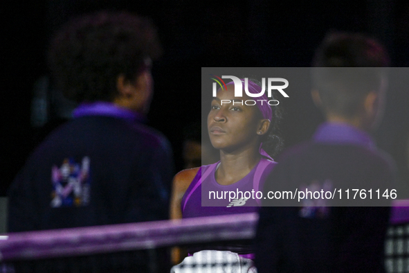 RIYADH, SAUDI ARABIA - NOVEMBER 09: Coco Gauff of USA during the Final match against Quinwen Zheng of China on Day 8 of the 2024 WTA Finals,...