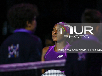 RIYADH, SAUDI ARABIA - NOVEMBER 09: Coco Gauff of USA during the Final match against Quinwen Zheng of China on Day 8 of the 2024 WTA Finals,...