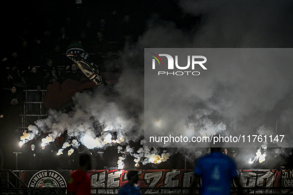 Fans of NEC with fireworks during the match RKC - NEC at the Mandemakers Stadium for the season 2024-2025 in Waalwijk, Netherlands, on Novem...