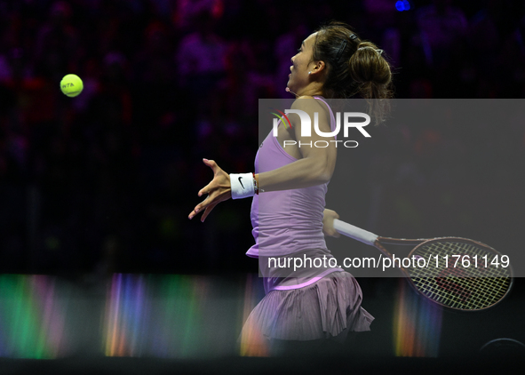 RIYADH, SAUDI ARABIA - NOVEMBER 09: Quinwen Zheng of China during the Final match against Coco Gauff of USA on Day 8 of the 2024 WTA Finals,...