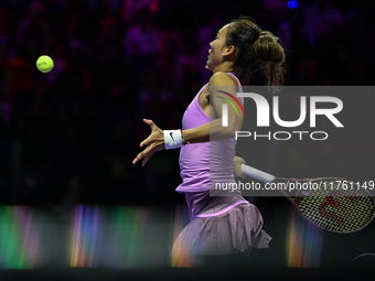 RIYADH, SAUDI ARABIA - NOVEMBER 09: Quinwen Zheng of China during the Final match against Coco Gauff of USA on Day 8 of the 2024 WTA Finals,...