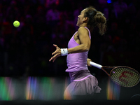 RIYADH, SAUDI ARABIA - NOVEMBER 09: Quinwen Zheng of China during the Final match against Coco Gauff of USA on Day 8 of the 2024 WTA Finals,...