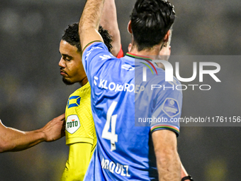 Referee Erwin Blank shows the second yellow card to RKC midfielder Daouda Weidmann during the match between RKC and NEC at the Mandemakers S...