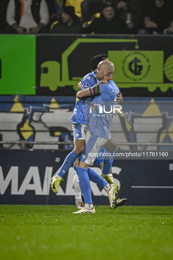 NEC forward Vito van Crooij and NEC defender Bram Nuytinck celebrate the goal during the match between RKC and NEC at the Mandemakers Stadiu...