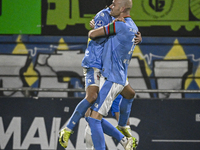 NEC forward Vito van Crooij and NEC defender Bram Nuytinck celebrate the goal during the match between RKC and NEC at the Mandemakers Stadiu...