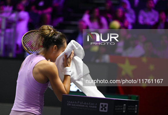 RIYADH, SAUDI ARABIA - NOVEMBER 09: Quinwen Zheng of China during the Final match against Coco Gauff of USA on Day 8 of the 2024 WTA Finals,...