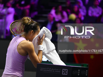 RIYADH, SAUDI ARABIA - NOVEMBER 09: Quinwen Zheng of China during the Final match against Coco Gauff of USA on Day 8 of the 2024 WTA Finals,...