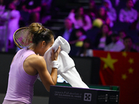 RIYADH, SAUDI ARABIA - NOVEMBER 09: Quinwen Zheng of China during the Final match against Coco Gauff of USA on Day 8 of the 2024 WTA Finals,...