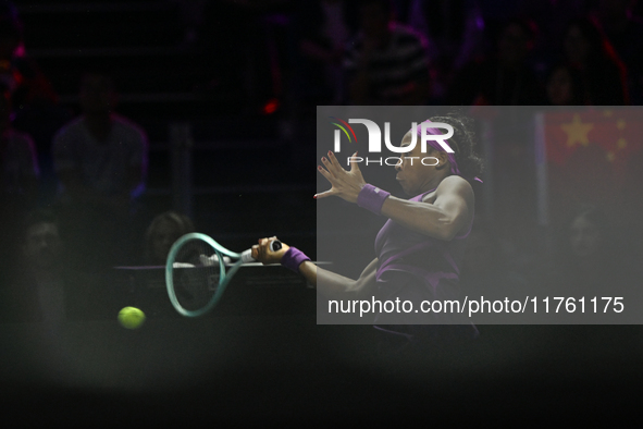 RIYADH, SAUDI ARABIA - NOVEMBER 09: Coco Gauff of USA during the Final match against Quinwen Zheng of China on Day 8 of the 2024 WTA Finals,...