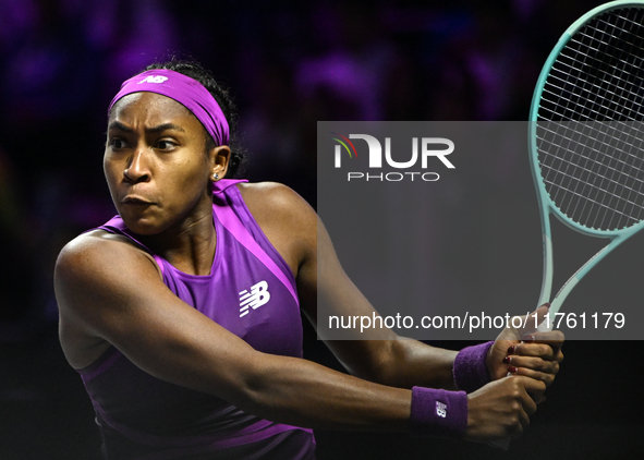 RIYADH, SAUDI ARABIA - NOVEMBER 09: Coco Gauff of USA during the Final match against Quinwen Zheng of China on Day 8 of the 2024 WTA Finals,...