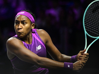 RIYADH, SAUDI ARABIA - NOVEMBER 09: Coco Gauff of USA during the Final match against Quinwen Zheng of China on Day 8 of the 2024 WTA Finals,...