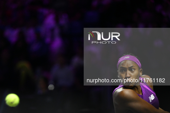 RIYADH, SAUDI ARABIA - NOVEMBER 09: Coco Gauff of USA during the Final match against Quinwen Zheng of China on Day 8 of the 2024 WTA Finals,...