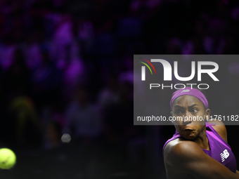 RIYADH, SAUDI ARABIA - NOVEMBER 09: Coco Gauff of USA during the Final match against Quinwen Zheng of China on Day 8 of the 2024 WTA Finals,...