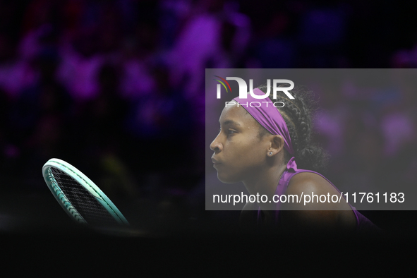 RIYADH, SAUDI ARABIA - NOVEMBER 09: Coco Gauff of USA during the Final match against Quinwen Zheng of China on Day 8 of the 2024 WTA Finals,...