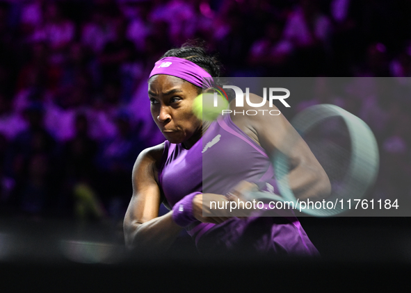 RIYADH, SAUDI ARABIA - NOVEMBER 09: Coco Gauff of USA during the Final match against Quinwen Zheng of China on Day 8 of the 2024 WTA Finals,...