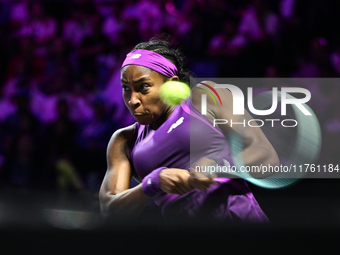 RIYADH, SAUDI ARABIA - NOVEMBER 09: Coco Gauff of USA during the Final match against Quinwen Zheng of China on Day 8 of the 2024 WTA Finals,...