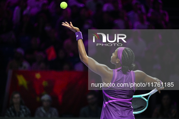 RIYADH, SAUDI ARABIA - NOVEMBER 09: Coco Gauff of USA during the Final match against Quinwen Zheng of China on Day 8 of the 2024 WTA Finals,...