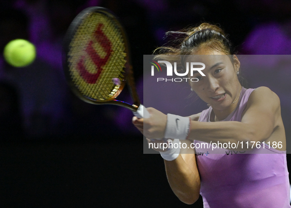 RIYADH, SAUDI ARABIA - NOVEMBER 09: Quinwen Zheng of China during the Final match against Coco Gauff of USA on Day 8 of the 2024 WTA Finals,...