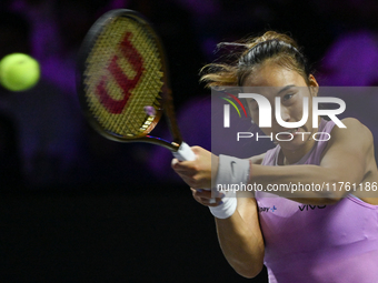 RIYADH, SAUDI ARABIA - NOVEMBER 09: Quinwen Zheng of China during the Final match against Coco Gauff of USA on Day 8 of the 2024 WTA Finals,...