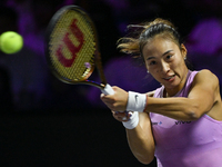 RIYADH, SAUDI ARABIA - NOVEMBER 09: Quinwen Zheng of China during the Final match against Coco Gauff of USA on Day 8 of the 2024 WTA Finals,...