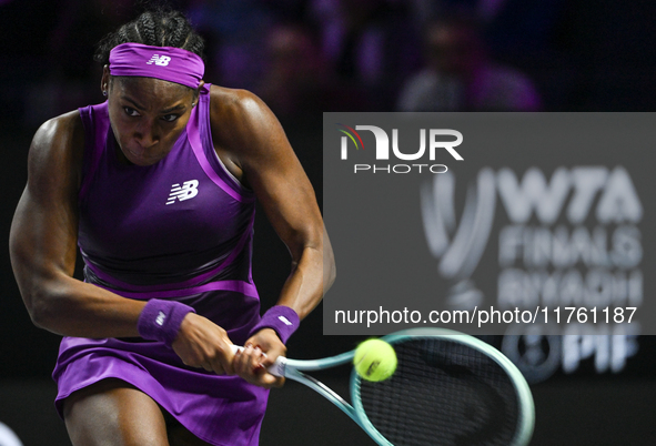 RIYADH, SAUDI ARABIA - NOVEMBER 09: Coco Gauff of USA during the Final match against Quinwen Zheng of China on Day 8 of the 2024 WTA Finals,...