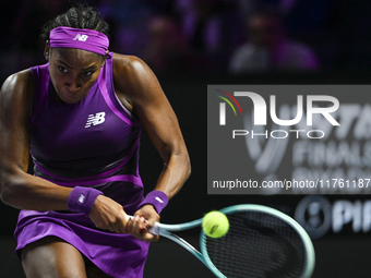 RIYADH, SAUDI ARABIA - NOVEMBER 09: Coco Gauff of USA during the Final match against Quinwen Zheng of China on Day 8 of the 2024 WTA Finals,...