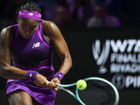 RIYADH, SAUDI ARABIA - NOVEMBER 09: Coco Gauff of USA during the Final match against Quinwen Zheng of China on Day 8 of the 2024 WTA Finals,...