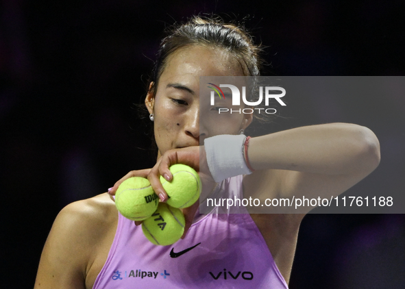 RIYADH, SAUDI ARABIA - NOVEMBER 09: Quinwen Zheng of China during the Final match against Coco Gauff of USA on Day 8 of the 2024 WTA Finals,...