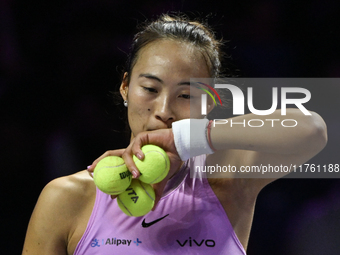 RIYADH, SAUDI ARABIA - NOVEMBER 09: Quinwen Zheng of China during the Final match against Coco Gauff of USA on Day 8 of the 2024 WTA Finals,...