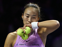 RIYADH, SAUDI ARABIA - NOVEMBER 09: Quinwen Zheng of China during the Final match against Coco Gauff of USA on Day 8 of the 2024 WTA Finals,...