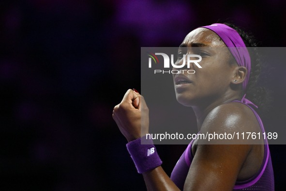 RIYADH, SAUDI ARABIA - NOVEMBER 09: Coco Gauff of USA during the Final match against Quinwen Zheng of China on Day 8 of the 2024 WTA Finals,...