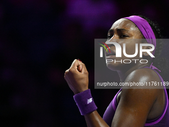 RIYADH, SAUDI ARABIA - NOVEMBER 09: Coco Gauff of USA during the Final match against Quinwen Zheng of China on Day 8 of the 2024 WTA Finals,...