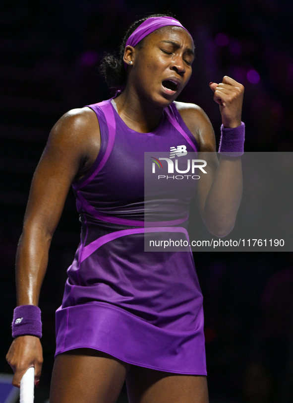 RIYADH, SAUDI ARABIA - NOVEMBER 09: Coco Gauff of USA during the Final match against Quinwen Zheng of China on Day 8 of the 2024 WTA Finals,...