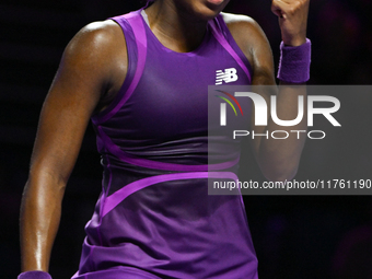 RIYADH, SAUDI ARABIA - NOVEMBER 09: Coco Gauff of USA during the Final match against Quinwen Zheng of China on Day 8 of the 2024 WTA Finals,...