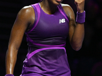 RIYADH, SAUDI ARABIA - NOVEMBER 09: Coco Gauff of USA during the Final match against Quinwen Zheng of China on Day 8 of the 2024 WTA Finals,...