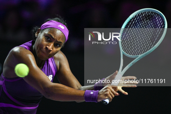 RIYADH, SAUDI ARABIA - NOVEMBER 09: Coco Gauff of USA during the Final match against Quinwen Zheng of China on Day 8 of the 2024 WTA Finals,...