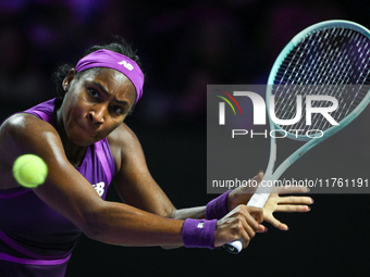 RIYADH, SAUDI ARABIA - NOVEMBER 09: Coco Gauff of USA during the Final match against Quinwen Zheng of China on Day 8 of the 2024 WTA Finals,...