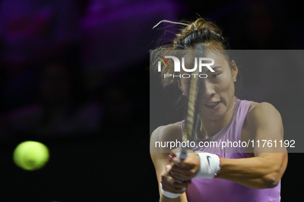 RIYADH, SAUDI ARABIA - NOVEMBER 09: Quinwen Zheng of China during the Final match against Coco Gauff of USA on Day 8 of the 2024 WTA Finals,...