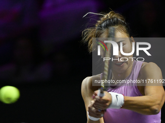 RIYADH, SAUDI ARABIA - NOVEMBER 09: Quinwen Zheng of China during the Final match against Coco Gauff of USA on Day 8 of the 2024 WTA Finals,...