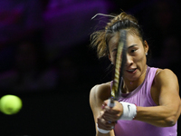 RIYADH, SAUDI ARABIA - NOVEMBER 09: Quinwen Zheng of China during the Final match against Coco Gauff of USA on Day 8 of the 2024 WTA Finals,...