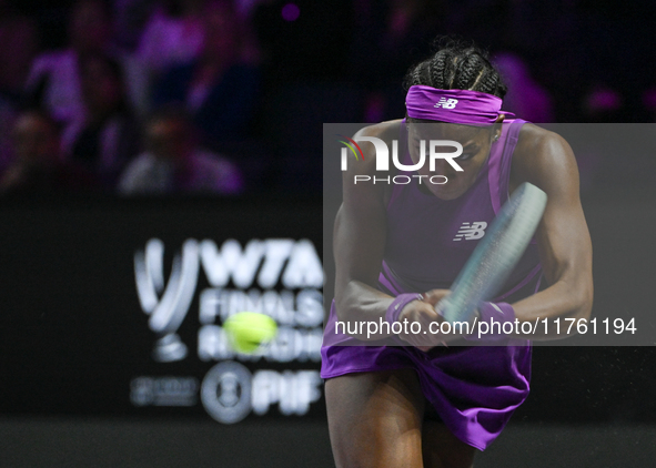 RIYADH, SAUDI ARABIA - NOVEMBER 09: Coco Gauff of USA during the Final match against Quinwen Zheng of China on Day 8 of the 2024 WTA Finals,...