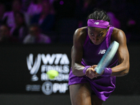 RIYADH, SAUDI ARABIA - NOVEMBER 09: Coco Gauff of USA during the Final match against Quinwen Zheng of China on Day 8 of the 2024 WTA Finals,...