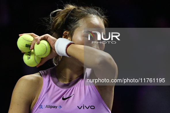 RIYADH, SAUDI ARABIA - NOVEMBER 09: Quinwen Zheng of China during the Final match against Coco Gauff of USA on Day 8 of the 2024 WTA Finals,...