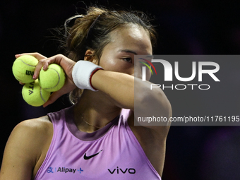 RIYADH, SAUDI ARABIA - NOVEMBER 09: Quinwen Zheng of China during the Final match against Coco Gauff of USA on Day 8 of the 2024 WTA Finals,...