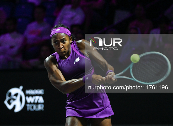 RIYADH, SAUDI ARABIA - NOVEMBER 09: Coco Gauff of USA during the Final match against Quinwen Zheng of China on Day 8 of the 2024 WTA Finals,...