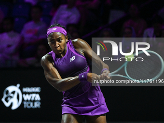 RIYADH, SAUDI ARABIA - NOVEMBER 09: Coco Gauff of USA during the Final match against Quinwen Zheng of China on Day 8 of the 2024 WTA Finals,...